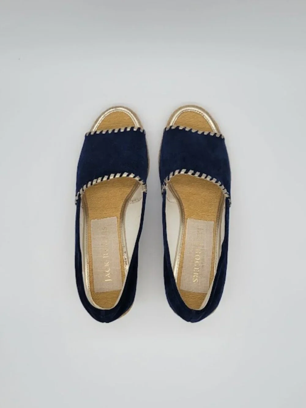 JACK ROGERS Palmer Wedge Espadrille Women’s Size 9.5 Navy Blue Suede Peep Toe